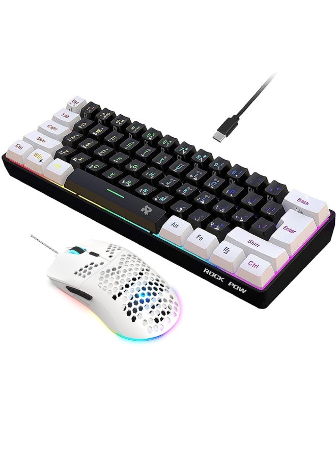 Rock Pow Arabic 60% Wired Gaming Keyboard Mouse Combo,RGB Gaming Mice Ergonomic Ultralight 8000DPI Optical Sensor,61 Keys RGB Backlit Gaming Keyboard,Ultra-Compact Mini Waterproof Keyboard for PC Computer Gamer - Image 1